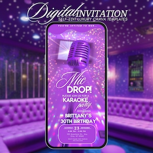 Karaoke Party Birthday Invitation, Animated Karaoke Night Invite, Digital Singing Musical Birthday Evite, Girls Night, Editable DIY Template