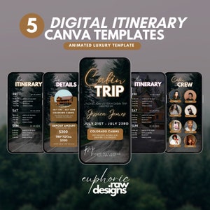 May include: Five digital itinerary Canva templates for a cabin trip. The templates are animated and feature a luxury design. The templates include a schedule, details, and a crew list. The text on the templates is in gold and black.