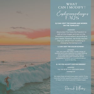 May include: A digital graphic with a beach scene and text. The text reads "WHAT CAN I MODIFY?" and "Euphoricrawdesigns FAQ'S". The graphic answers questions about editing images, color schemes, and custom orders.