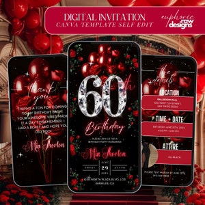 Floral 60th Birthday Invitation, Red Roses Diamonds, Editable Digital 60th Glam Dinner Brunch Itinerary Template, Video Birthday Invite