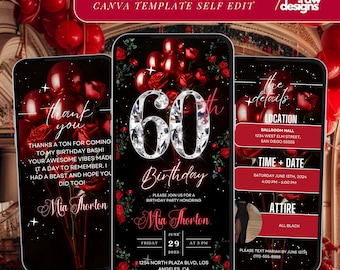 May include: Digital invitation for a 60th birthday party with a diamond-encrusted number 60, red roses, and balloons. The invitation includes the date, time, location, and attire. The text reads "60th Birthday" and "Mia Thorton".