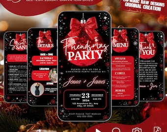 May include: A digital invitation template for a Friendsmas party, featuring a red and black design with a Christmas ornament graphic. The invitation includes event details, RSVP information, and customizable options for video, music, and photos.