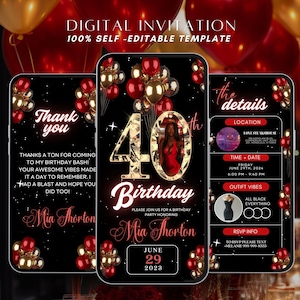 40th Birthday Party Invitation, Red Gold Digital 40th Glam Dinner Invite Template, Diamond Video Editable Brunch Itinerary