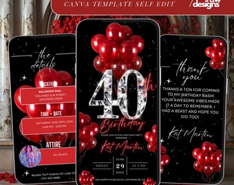 40th Birthday Party Invitation, Red Digital 40th Glam Dinner Invite Template, Diamond Video Editable Brunch Itinerary