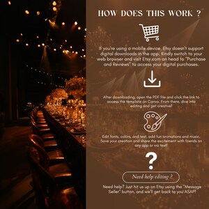 May include: A brown background with white text explaining how to access digital downloads on Etsy. The text includes instructions for using a mobile device, downloading a PDF file, and editing the file in Canva. The image also includes icons of a shopping cart, a download arrow, a paint palette, and a question mark.