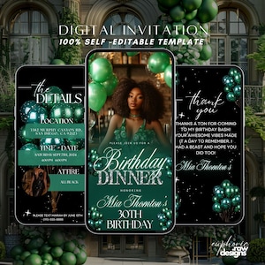 Green Birthday Dinner invitation, Birthday Dinner, Digital Birthday Party Invite, Editable Template, Balloons Birthday Party, text evite