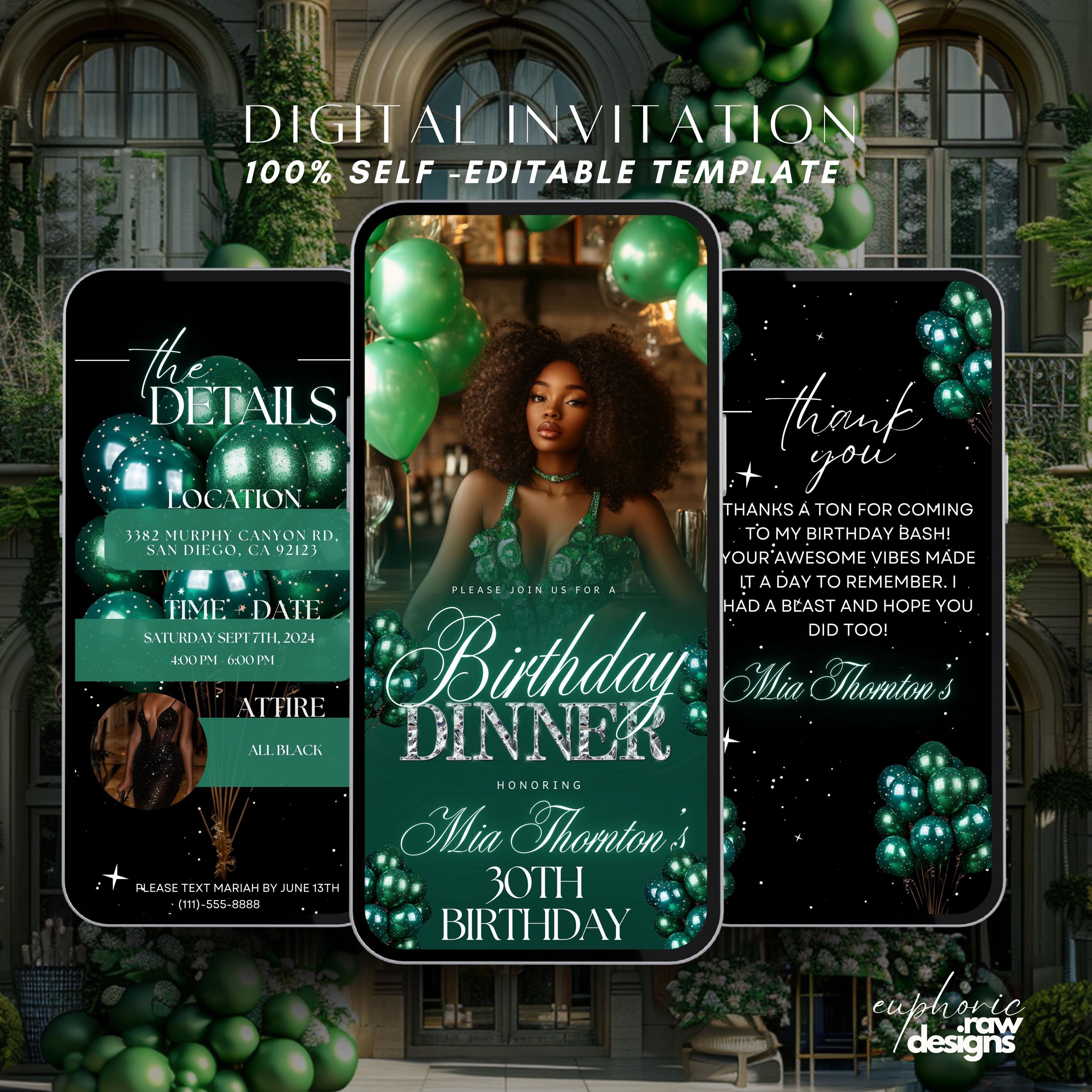 Green Birthday Dinner invitation, Birthday Dinner, Digital Birthday Party Invite, Editable Template, Balloons Birthday Party, text evite