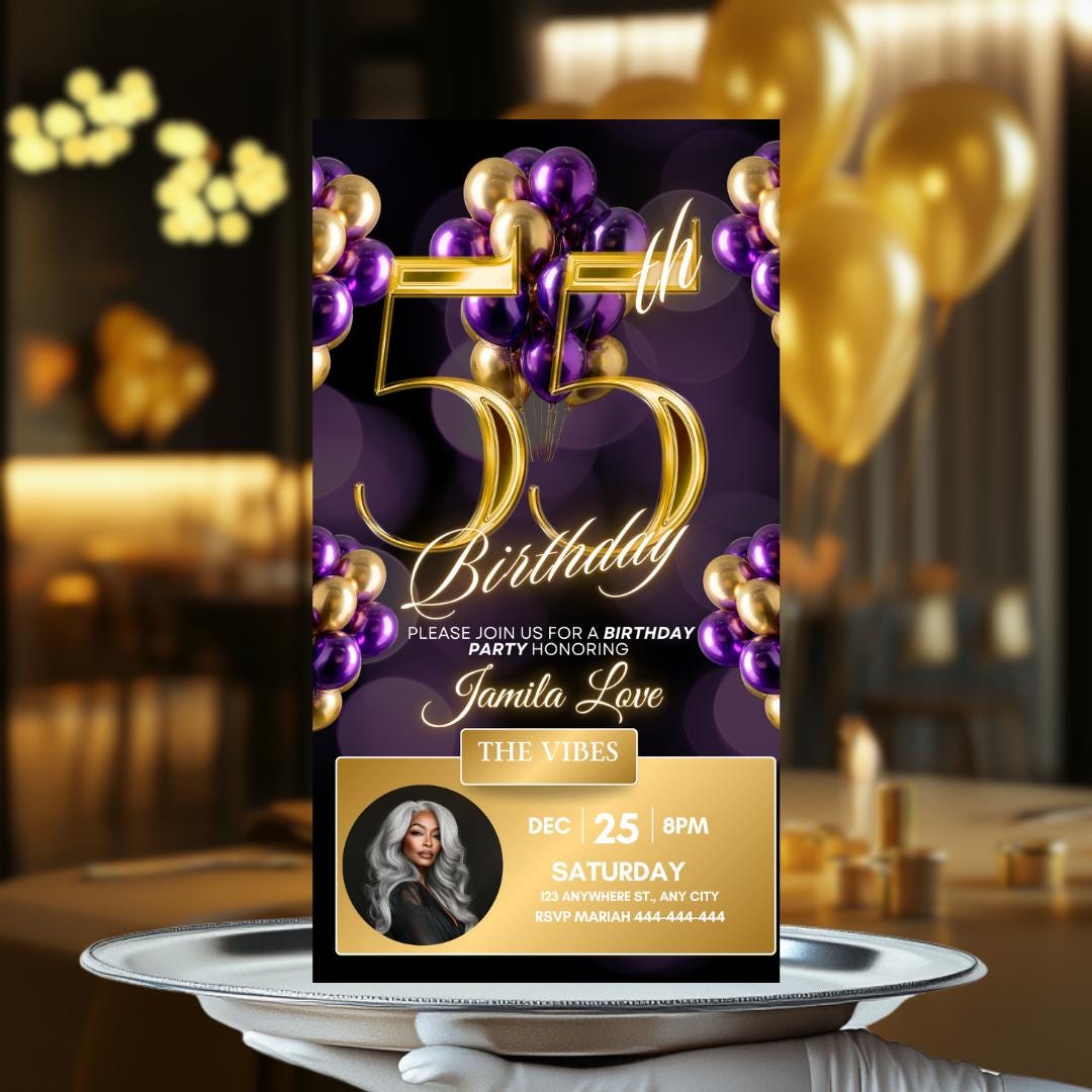 Luxury Purple and Gold 55th Birthday Invitation, Glam Editable Canva