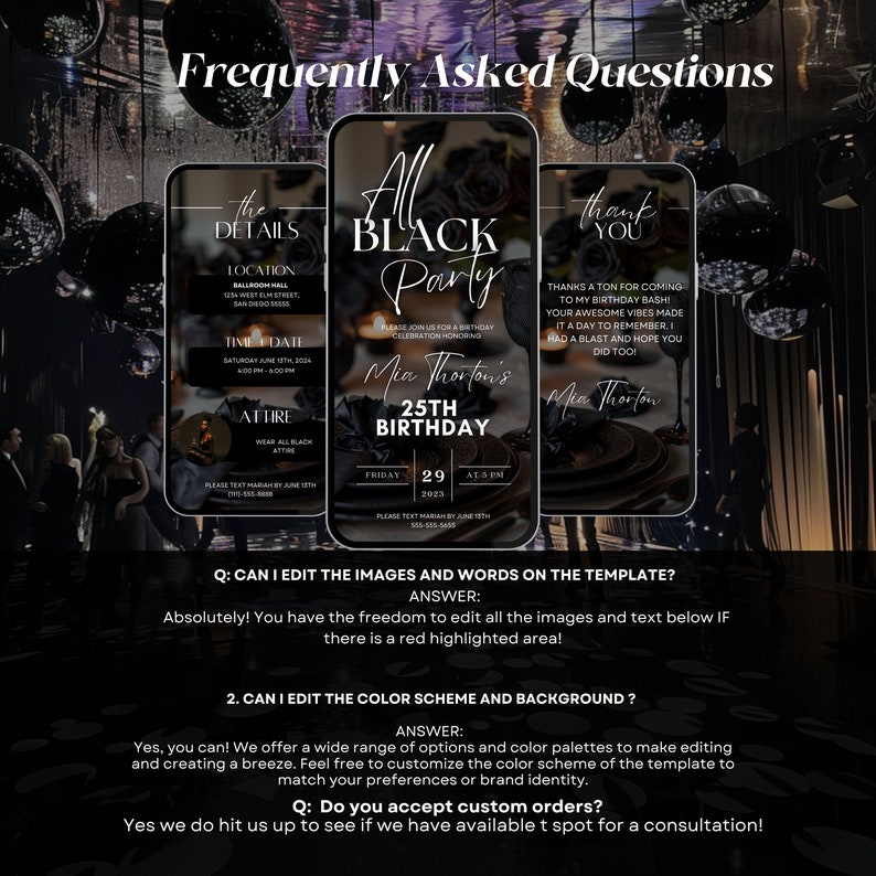 Inbjudan till All Black-födelsedagsfest, födelsedagsmiddag, födelsedagsbrunch, digital All Black-affärsmall, redigerbar inbjudan till formell klädsel bild 3