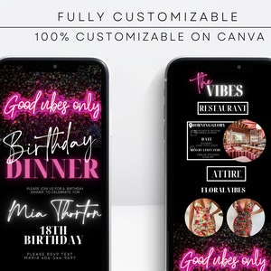 K&ouml;nnte beinhalten: Eine digitale Einladung zu einem Geburtstagsessen mit schwarzem Hintergrund und pinkfarbenem Neontext, der "Good vibes only Birthday Dinner" lautet. Die Einladung enth&auml;lt den Namen "Mia Thorton", das Datum "18th Birthday" und eine Telefonnummer f&uuml;r RSVP.