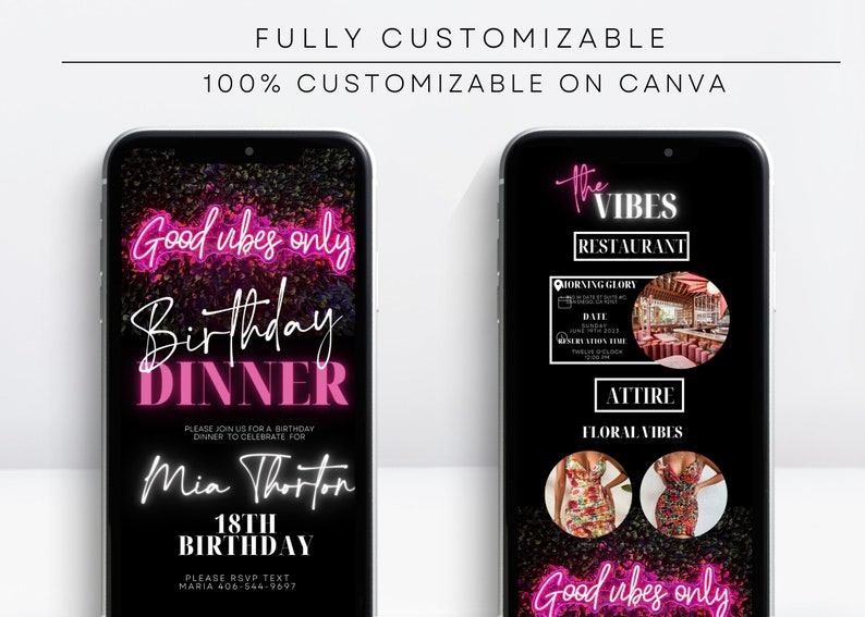K&ouml;nnte beinhalten: Eine digitale Einladung zu einem Geburtstagsessen mit schwarzem Hintergrund und pinkfarbenem Neontext, der "Good vibes only Birthday Dinner" lautet. Die Einladung enth&auml;lt den Namen "Mia Thorton", das Datum "18th Birthday" und eine Telefonnummer f&uuml;r RSVP.