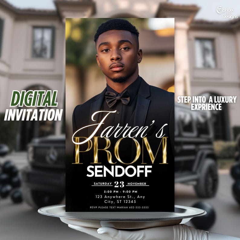 Black Gold Prom Send Off Digital Invitation, Boys Editable Flyer Template, King Prom Party Invite, Men DIY Graduation Celebration Animated image 1