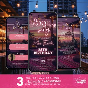 Peut inclure: Une invitation numérique pour une fête de 25e anniversaire. L'invitation présente un thème de fête sur le toit avec une palette de couleurs rose et noire. Le texte indique "Rooftop Party" et "Mia Thorton 25th Birthday".