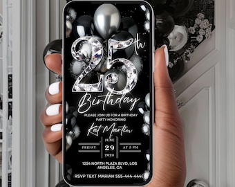 25th Birthday Invitation,Black Silver Balloons Diamonds, Editable Digital 25th Glam Dinner Brunch Itinerary Template, Video Birthday Invite