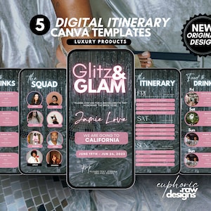 Glitz & Glam Bachelorette Itinerary Template, Bachelorette Party, Weekend Getaway, Silver and Pink, Travel Planner, Girl&#39;s Trip
