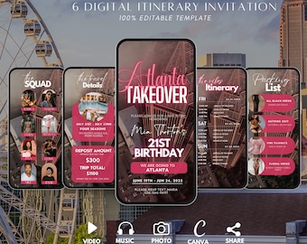 Digital Atlanta Girl's Trip Itinerary Invitation, Animated Travel Itinerary, Georgia Planner Schedule Trip Evite, Editable Planner Template