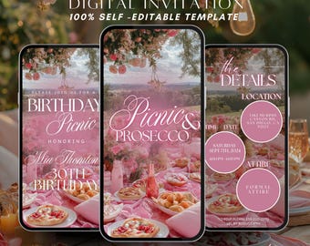 Animated Birthday Picnic Prosecco Invitation Template, Digital Brunch Beach Park Picnic Party Evite, Summer Tea-Party Editable Text Invite