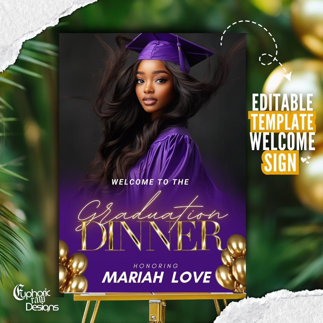 Graduation Digital Sign Graduation Welcome Sign Template, Gold Grad Signage, Purple Class of ...
