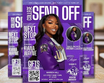 Editable College Send Off Evite, Farewell Party Invite, DIY Trunk Party Flyer, Purple Magazine Cover, Goodbye Graduation Celebration