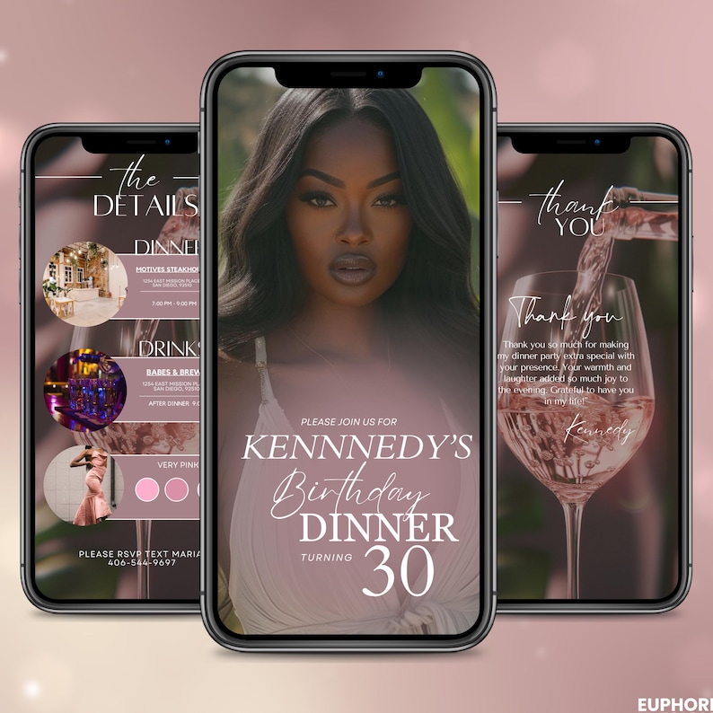 Puede incluir: Tres tel&eacute;fonos inteligentes que muestran una invitaci&oacute;n a una cena de cumplea&ntilde;os. El tel&eacute;fono central muestra el retrato de una mujer, con el texto superpuesto: "KENNNEDY'S Birthday DINNER TURNING 30." Otros tel&eacute;fonos muestran detalles del evento y un mensaje de agradecimiento.
