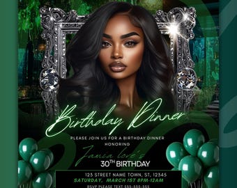 Elegant Green Silver Birthday Dinner Party Invitation, Digital Video Invite, Canva Template, Glam Dinner, Social Media Flyer, DIY Editable