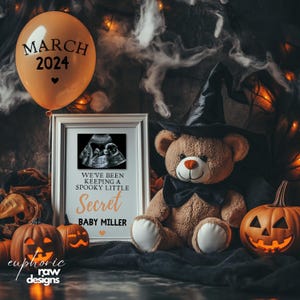 Halloween-Überraschungs-Schwangerschaftsverkündung, digitale Herbstvorlage, Kürbis-Teddybär-Baby-Enthüllung, bearbeitbare DIY-Vorlage für Social Media