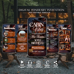 Pode incluir: Convite digital para uma viagem de cabana em homenagem ao 30&ordm; anivers&aacute;rio de Mia Thomton. O convite inclui detalhes sobre a viagem, incluindo as datas, o local e o custo. Tamb&eacute;m inclui uma lista de restaurantes e uma programa&ccedil;&atilde;o de atividades. O convite &eacute; projetado com um tema de cabana r&uacute;stica e apresenta um esquema de cores marrom e laranja.