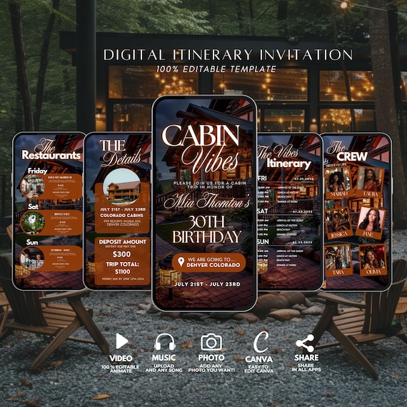 Cabin Trip itinerary, Camping Trip Invite, Travel Itinerary template, Cabin itinerary, Birthday Weekend, Girls Trip, Bachelorette Cabin Trip