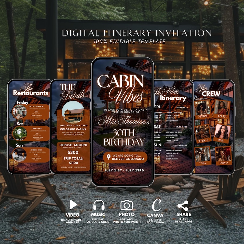 Pode incluir: Convite digital para uma viagem de cabana em homenagem ao 30&ordm; anivers&aacute;rio de Mia Thomton. O convite inclui detalhes sobre a viagem, incluindo as datas, o local e o custo. Tamb&eacute;m inclui uma lista de restaurantes e uma programa&ccedil;&atilde;o de atividades. O convite &eacute; projetado com um tema de cabana r&uacute;stica e apresenta um esquema de cores marrom e laranja.