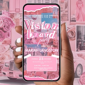 Invitación a fiesta de tablero de visión de Año Nuevo 2025, reunión de manifestación, noche de chicas con tablero de sueños, plantilla de invitación para celebrar Año Nuevo