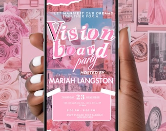May include: A pink and white digital invitation for a vision board party. The invitation features a collage of images with a pink and white color scheme. The text on the invitation reads "Let manifest our dreams together for a... Vision board party Hosted by Mariah Langston Thursday 23 November 123 Anywhere St, Any City, ST 12345 5:00 PM - 9:00 PM RSVP Please text Mariah 602-555-5555"