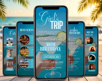 Plantilla de itinerario de cumpleaños para viaje de chicas, programa animado de fin de semana de cumpleaños, planificador de viajes editable, invitación digital para fiestas