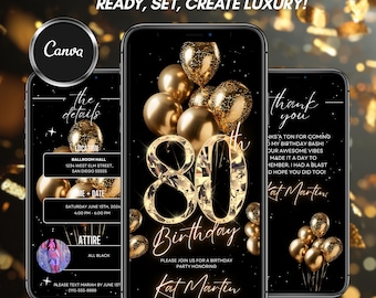 80th Birthday Party Invitation, Gold Balloons Digital Glam Dinner Invite, Editable Diamond Video Brunch Itinerary Template