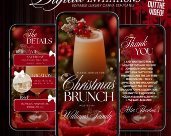 Peut inclure: Invitations numériques pour un brunch de Noël, présentées sur trois smartphones. Le design présente un thème festif rouge et or, avec du texte incluant les détails de l'événement et un message de remerciement. Modèles Canva modifiables.