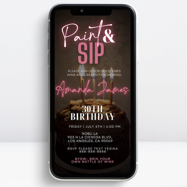 Digital Paint and Sip Invitation, Wine and Paint Birthday Invitation, Paint Party, Adult Painting Party Invite, Wine Tasting Party Invite