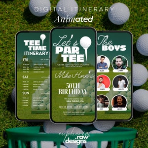 May include: A digital invitation for a golf themed 50th birthday party. The invitation features a green background with a golf ball and a tee. The text reads "Let's Par Tee" and "Mike Horn's 50th Birthday". The invitation also includes a schedule of events for the weekend, including arrival of the guest, lunch at the Hilton, beach day, and dinner at Nobu.
