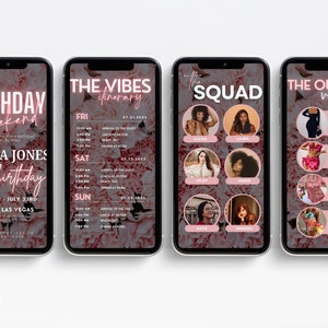 May include: A pink and white floral phone background with text that reads "Birthday Weekend" and "Donna Jones 30th Birthday" with the dates July 21st - July 23rd and the location Hilton Las Vegas. The text "The Vibes Itinerary" is also visible with dates and times for Friday, Saturday, and Sunday. The text "The Squad" is visible with names and photos of six women. The text "The Outfits Vibes" is visible with a list of outfits for different occasions.
