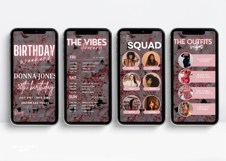 May include: A pink and white floral phone background with text that reads "Birthday Weekend" and "Donna Jones 30th Birthday" with the dates July 21st - July 23rd and the location Hilton Las Vegas. The text "The Vibes Itinerary" is also visible with dates and times for Friday, Saturday, and Sunday. The text "The Squad" is visible with names and photos of six women. The text "The Outfits Vibes" is visible with a list of outfits for different occasions.