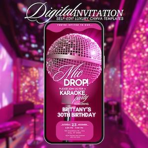 Karaoke Party Birthday Invitation, Animated Karaoke Night Invite, Digital Singing Musical Birthday Evite, Girls Night, Editable DIY Template