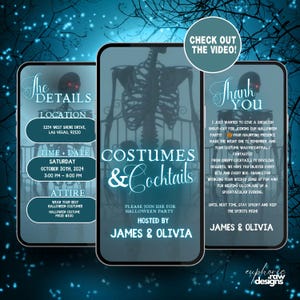 Faire-part d&#39;Halloween drôle de costumes et de cocktails, modèle numérique éditable pour inviter pour Spooky Bash, itinéraire en téléchargement immédiat