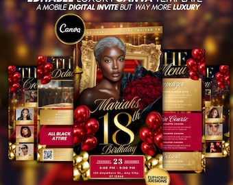 18e verjaardag diner foto-uitnodiging, rode en gouden digitale uitnodiging, glamour bewerkbare sjabloon, 18e luxe feest, direct downloaden