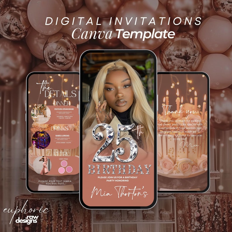 Invito per la festa del 25° compleanno, modificabile, con scritte animate rosa e oro per donne. Idee per feste a sorpresa: personalizza il tuo invito per il 25° compleanno. immagine 1