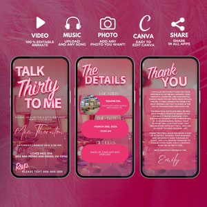 Pu&ograve; includere: Un invito digitale rosa e bianco per una festa di compleanno di 30 anni. L'invito include il testo "Talk Thirty to Me" e il nome "Mia Thornton". L'invito include anche la data, l'ora e il luogo della festa. L'invito &egrave; progettato per essere condiviso sui social media.