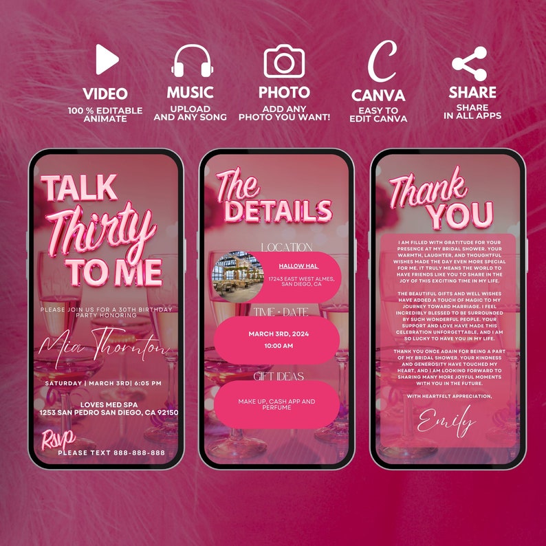 Pu&ograve; includere: Un invito digitale rosa e bianco per una festa di compleanno di 30 anni. L'invito include il testo "Talk Thirty to Me" e il nome "Mia Thornton". L'invito include anche la data, l'ora e il luogo della festa. L'invito &egrave; progettato per essere condiviso sui social media.