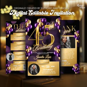 Luxury Purple and Gold 45th Birthday Invitation, Glam Editable Canva Template, Digital Dinner Party Flyer Birthday Invite, Save the Date