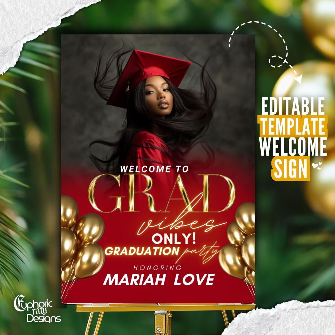 Graduation Welcome Sign Template, Gold Grad Signage, Red Class of 2025 ...