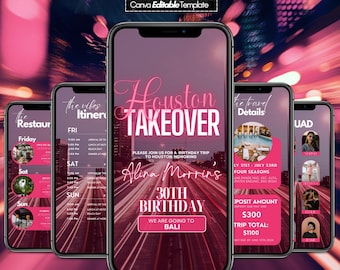 Puede incluir: Varios smartphones que muestran plantillas de itinerarios de eventos. La pantalla central del teléfono muestra "Houston Takeover" en rosa y blanco, con detalles del evento. El diseño incluye el texto "Luxury Designs For Luxury Events!".