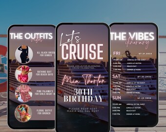 Pode incluir: Um convite rosa e preto para um cruzeiro de aniversário de 30 anos. O convite apresenta um navio de cruzeiro, o texto "Let's Cruise" e o nome "Mia Thornton". O convite também inclui uma lista de roupas para o cruzeiro, incluindo um vestido preto, um maiô, um pijama rosa e um traje floral. O convite também inclui uma programação de eventos para o cruzeiro, incluindo a chegada do convidado, o almoço no Hilton, o dia na praia e o jantar no Nobu.
