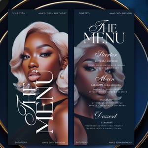 May include: Two dark blue menu cards for a 30th birthday celebration. Each card features a portrait of a woman with blonde hair. The left card says "The Menu" and the right card lists a menu with starter, main, and dessert options.
