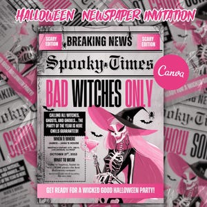 Op de afbeelding: Een roze en zwarte Halloween krantenuitnodiging met de kop "Breaking News" en "Spooky Times". De uitnodiging toont een skelet heksen illustratie, vleermuizen en de tekst "Bad Witches Only". Het bevat feestdetails.
